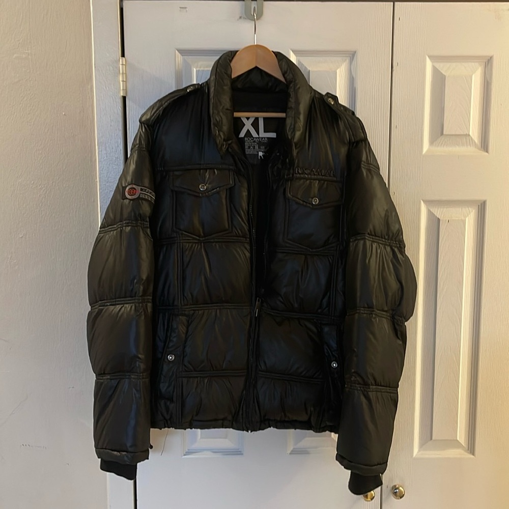 Vintage Rocawear Bomber Bubble Jacket With Under Collar Hood Size XL In Black